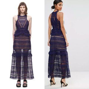 Self-Portrait Teardrop Guipere Paneled Maxi Dress Navy Size 8